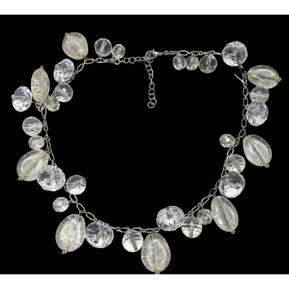 Elegant Glam Clear Beaded Statement Necklace With Silver Tone Chain